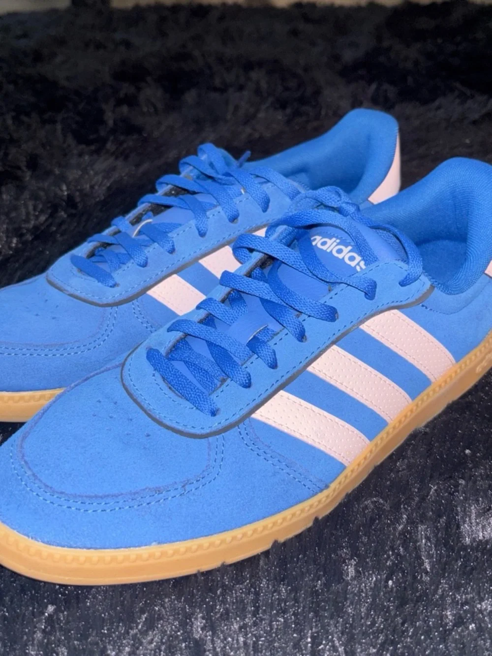 adidas Blue Suede Sneakers with Pink Stripes
